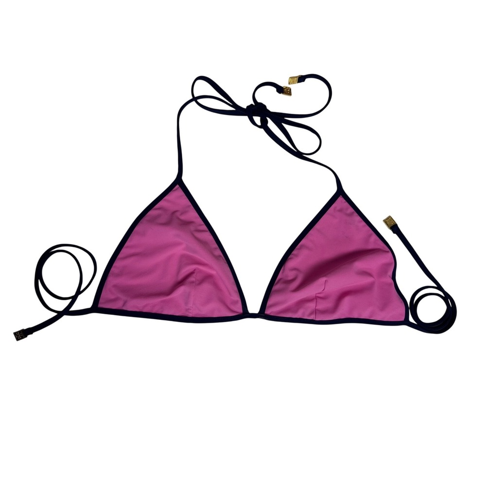 Tory Burch Bikini Top Womens S/P Pink Navy Blue Triangle String Gold Logo Charm